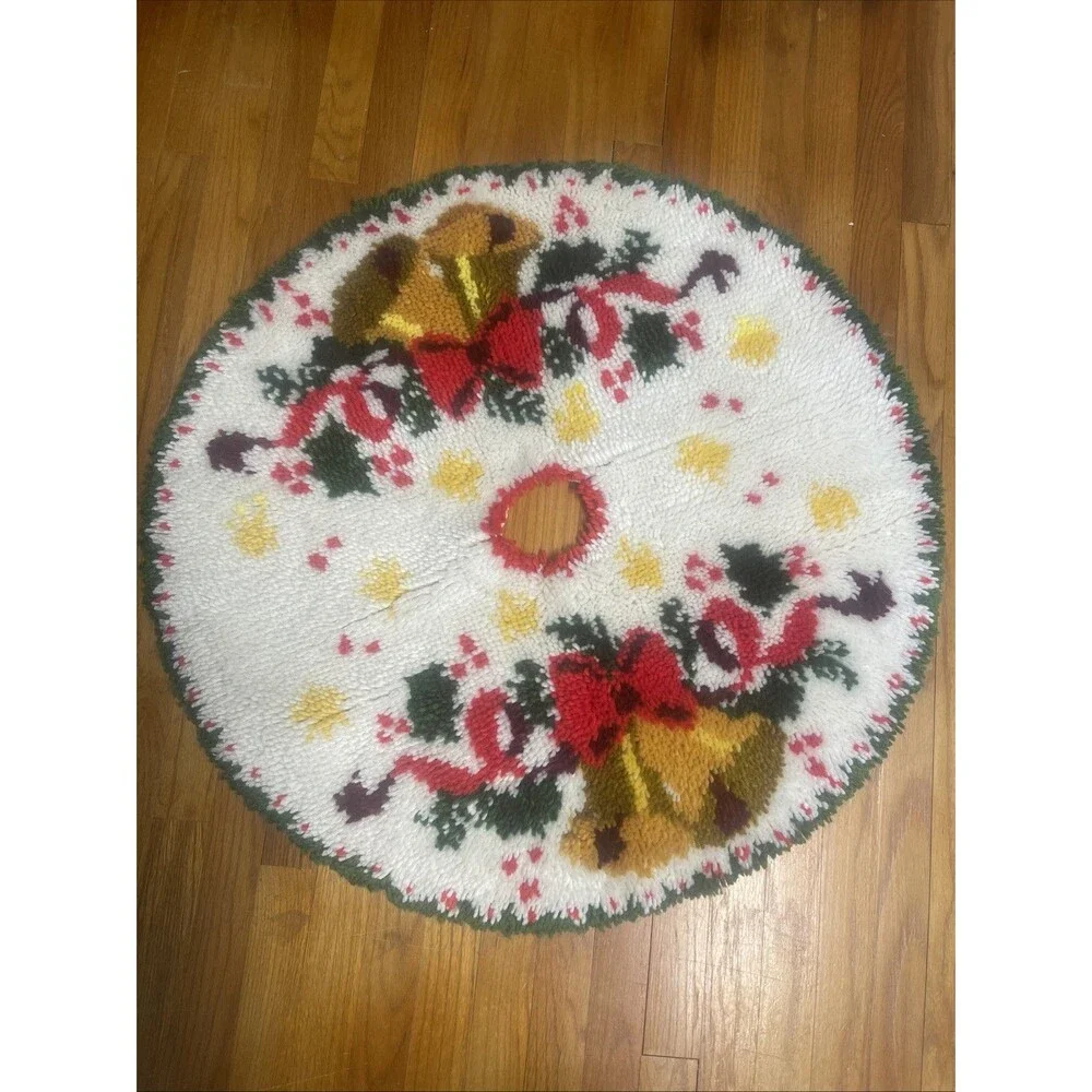 Vintage Latch Hook Christmas Tree Skirt Round Yarn Rug Gold Bells Holly Berries